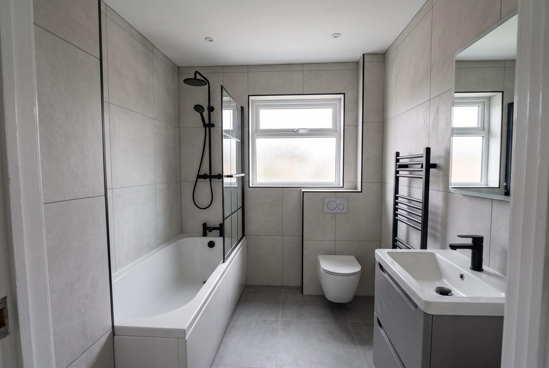 A refitted family bathroom with large grey tiles, a bath with a shower screen and black fittings