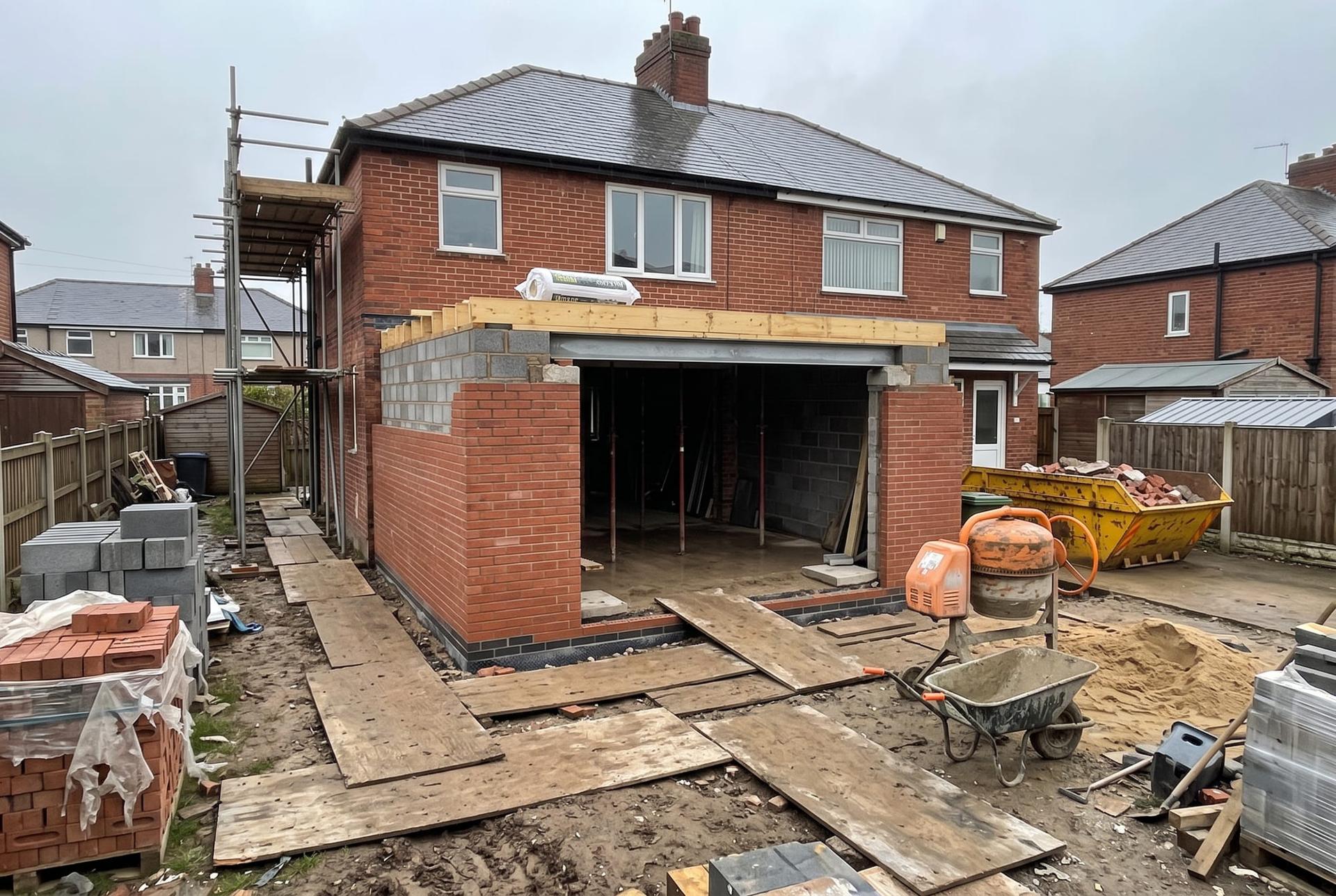 A rear extension part built: cavity walls up to wall plate, the steel in over the opening into the house, roof joists going on