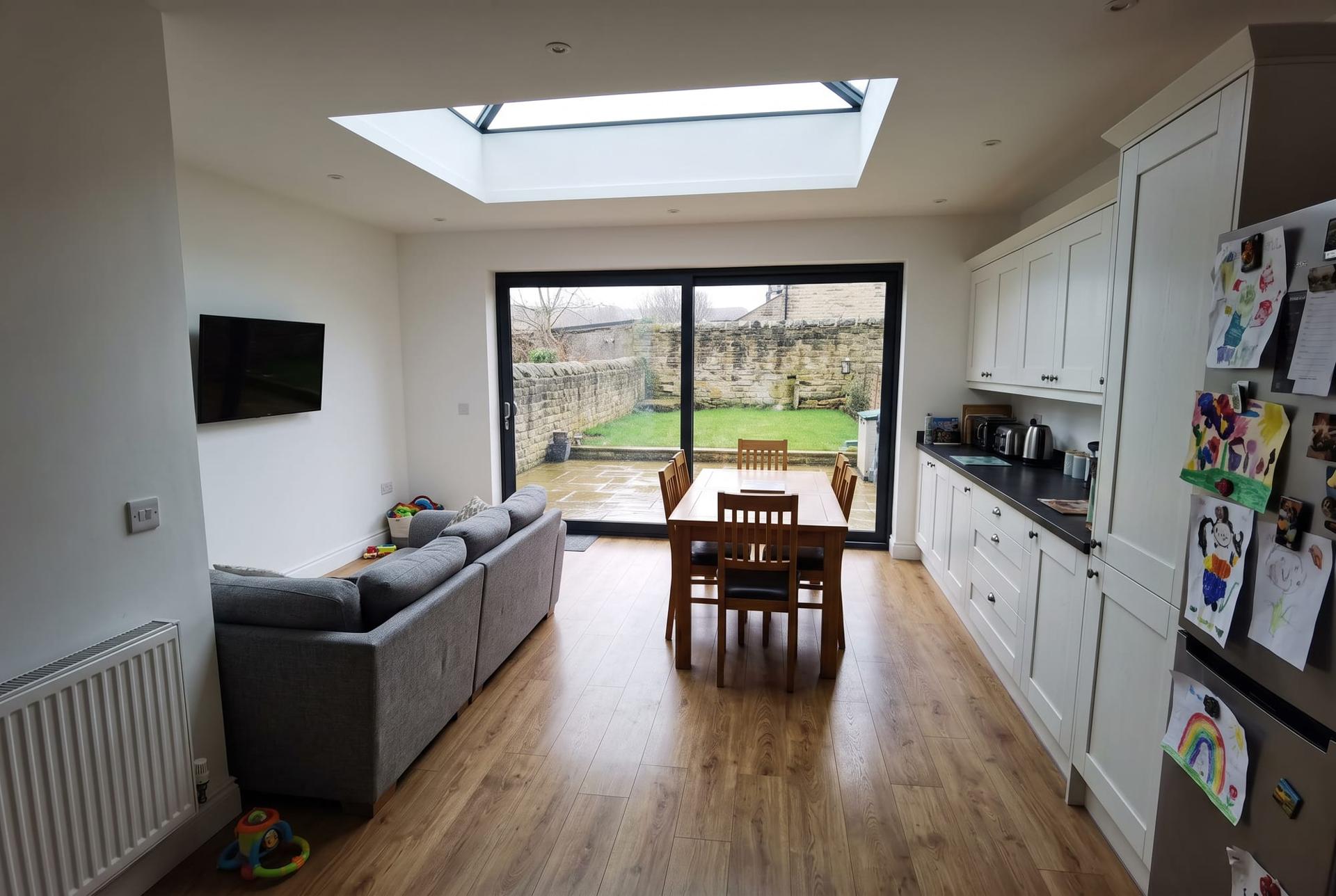 Living and dining area in a rear extension with a sliding door to the garden
