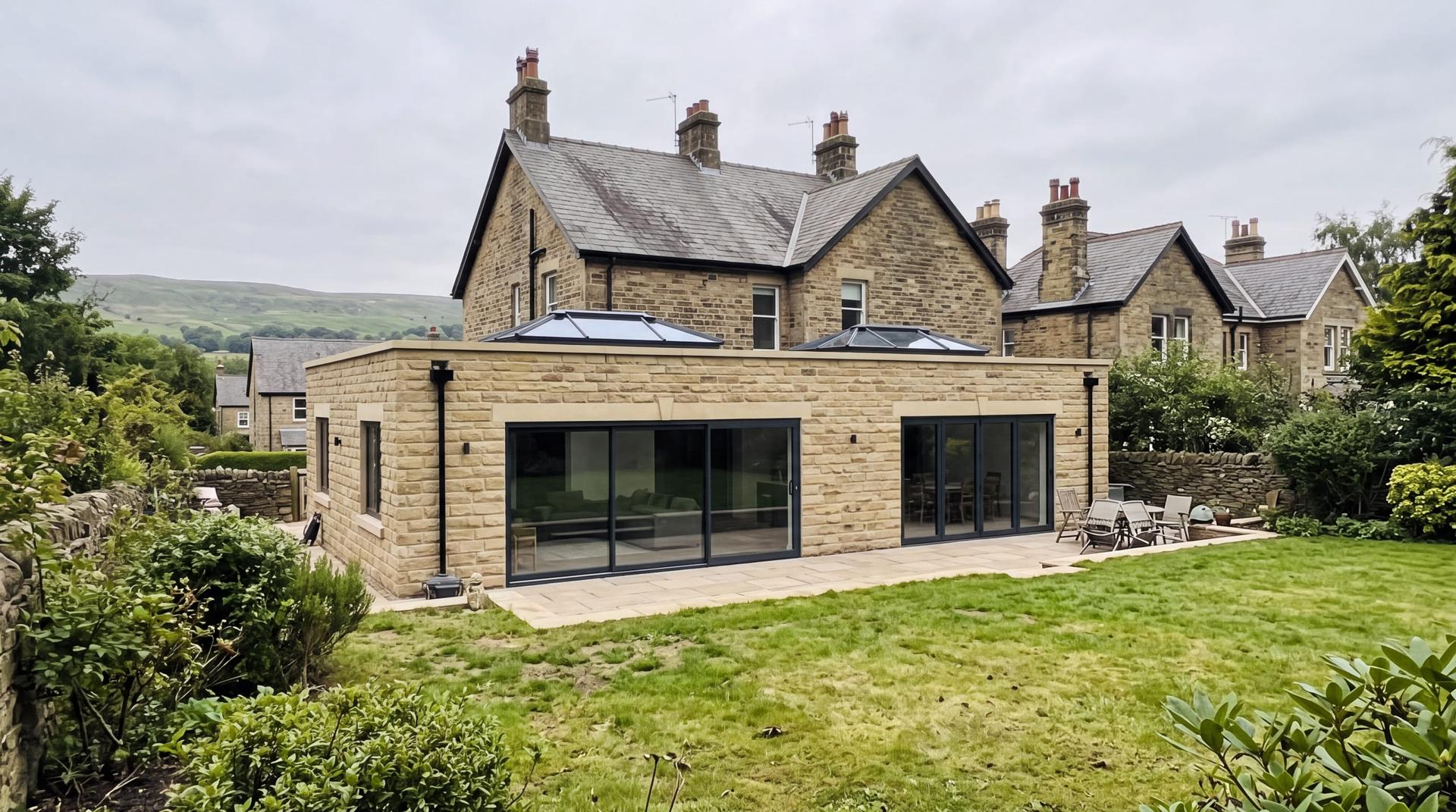 A large flat roofed rear extension in coursed Yorkshire stone with two roof lanterns and full height glazing, on a stone house in the Aire valley