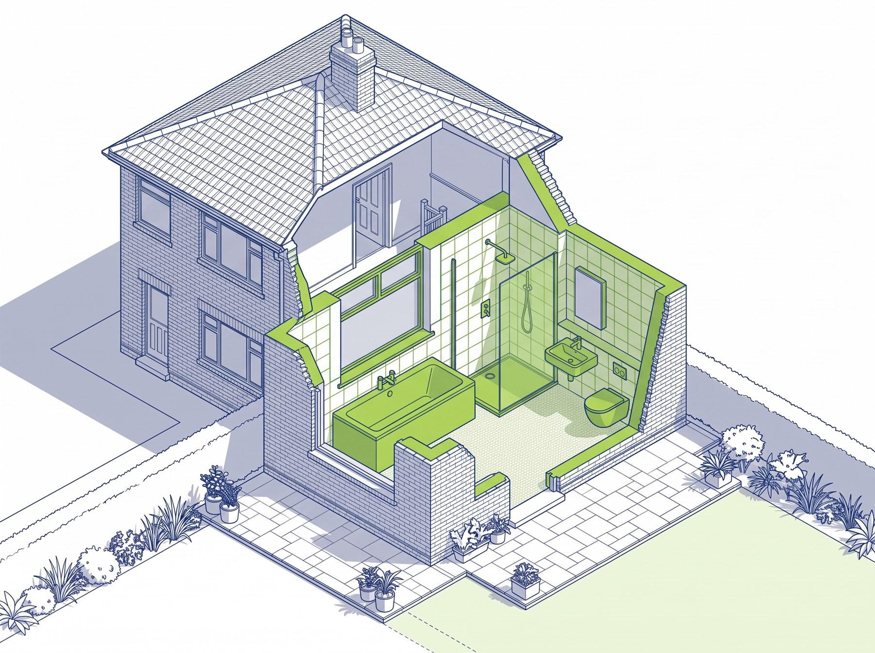 Cutaway drawing of a first-floor family bathroom