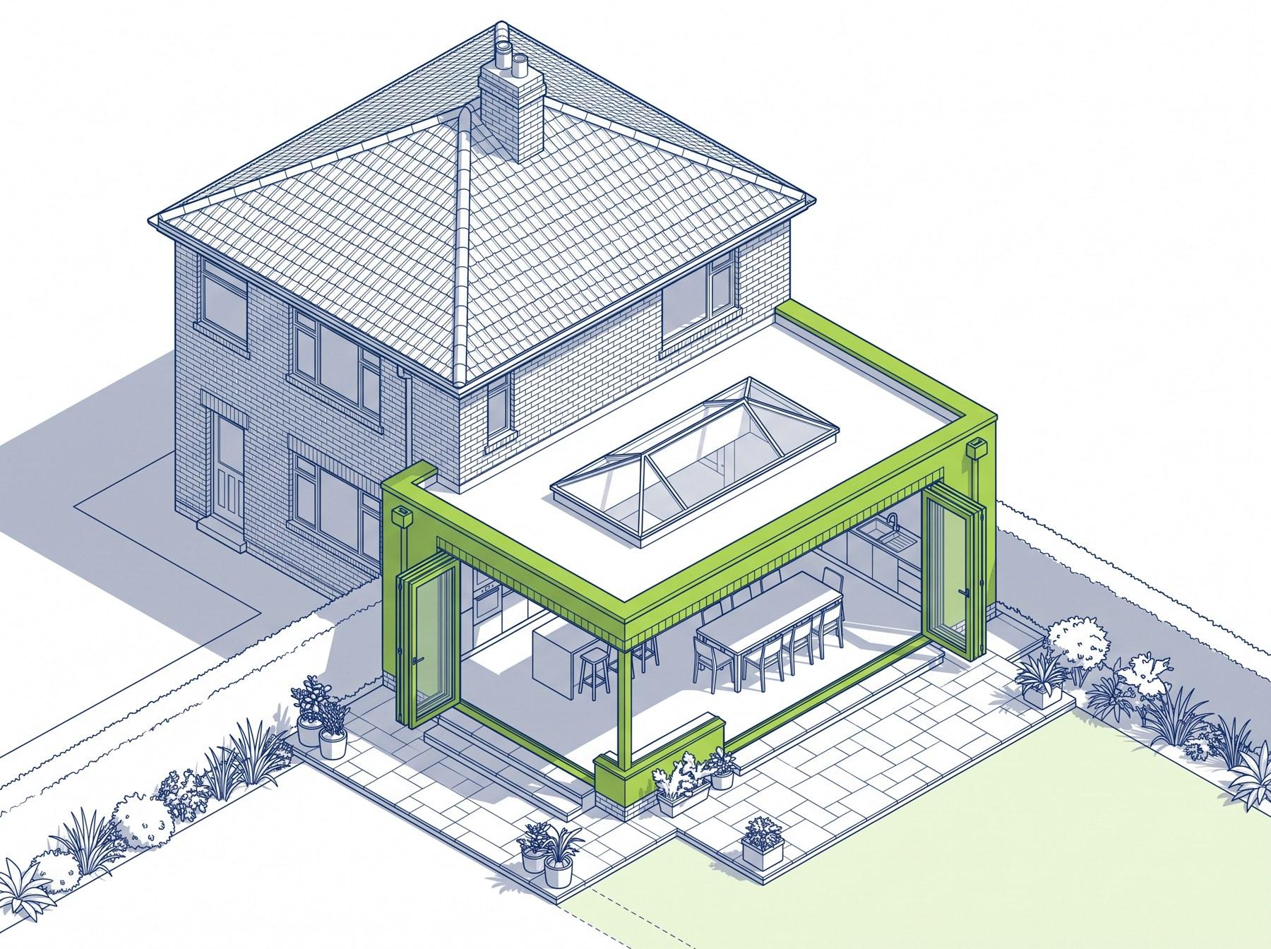 Cutaway drawing of a rear kitchen extension on a 1930s semi