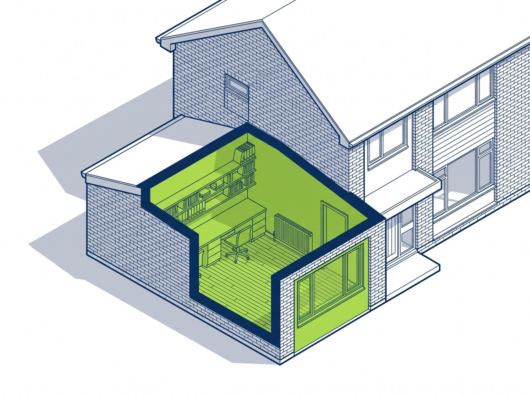 Cutaway drawing of an attached garage converted to a home office