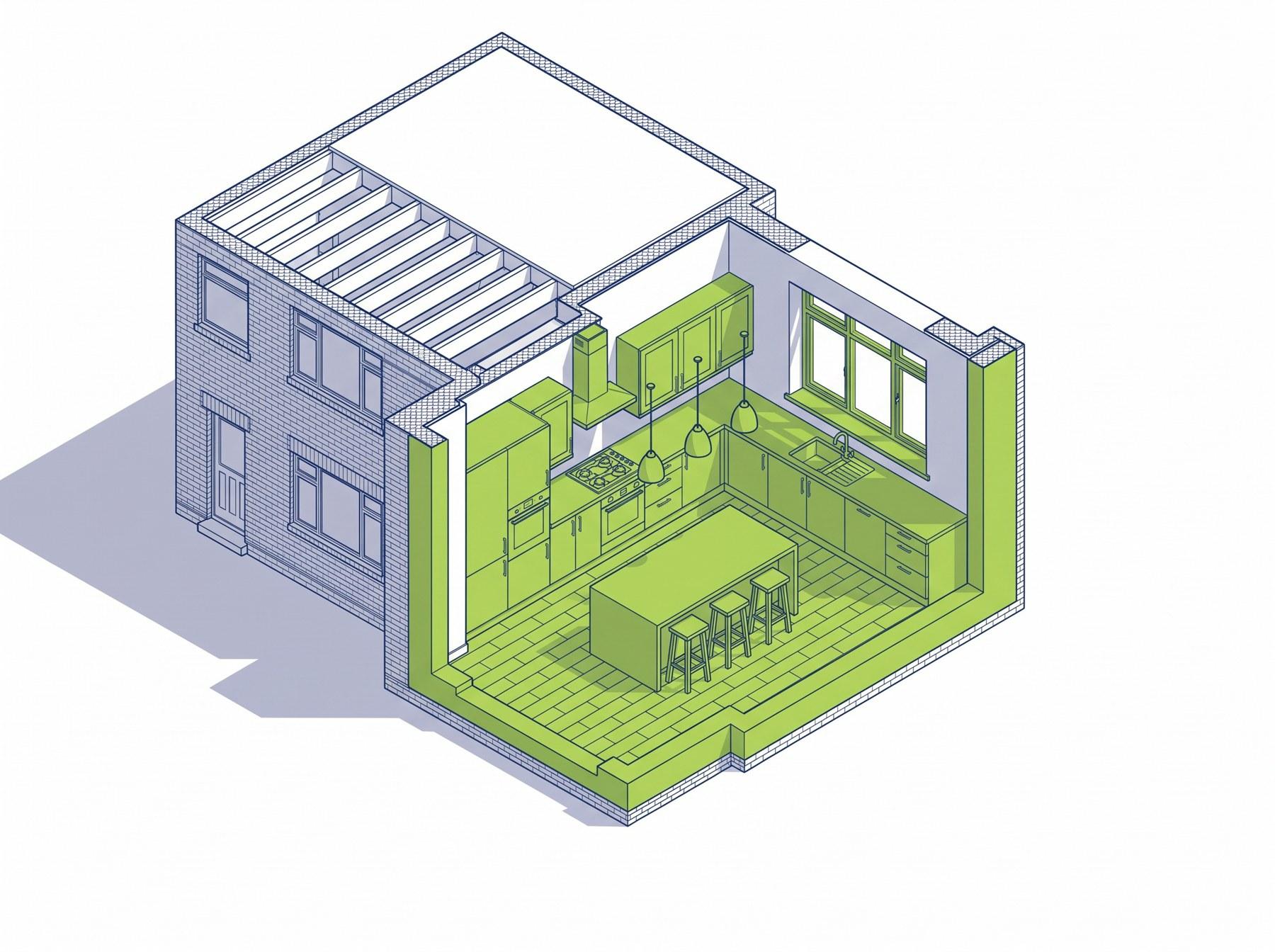Cutaway drawing of a fitted kitchen with an island