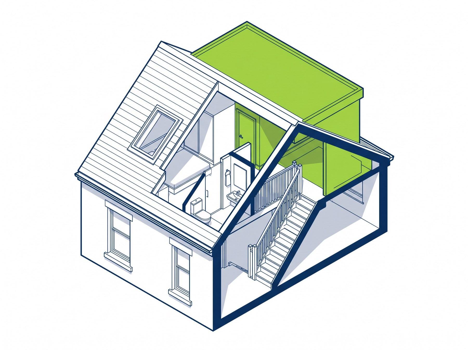 Cutaway drawing of a loft conversion with a rear dormer