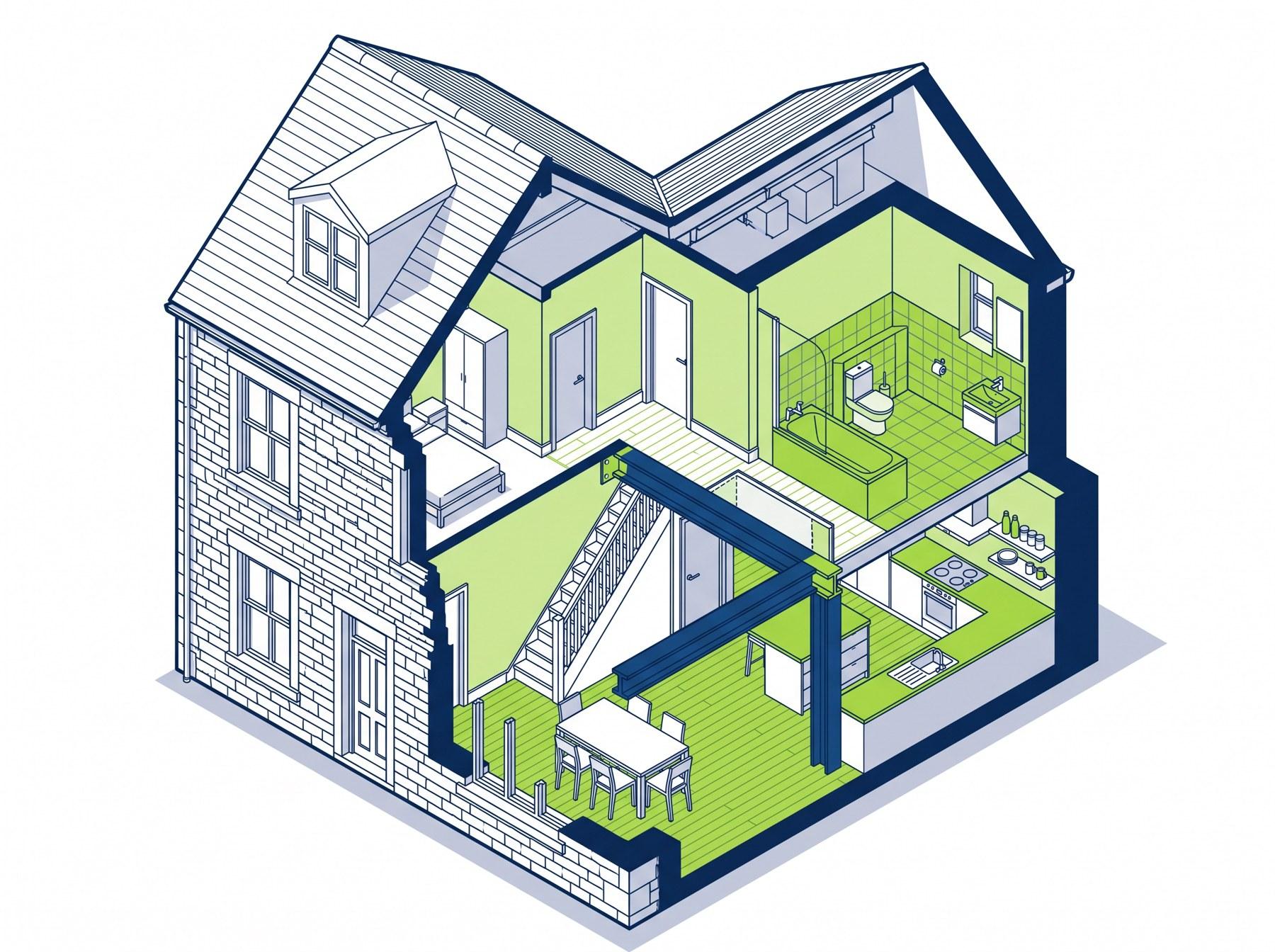 Cutaway drawing of a whole-house renovation with a new structural opening