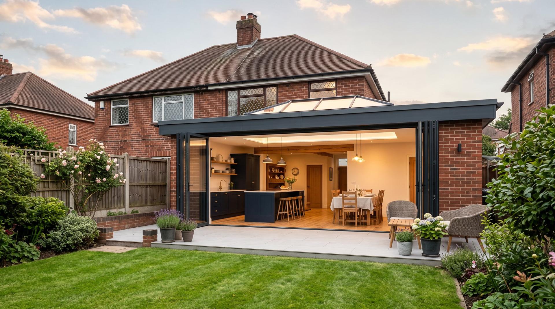 A single storey rear kitchen extension with bifold doors and a roof lantern