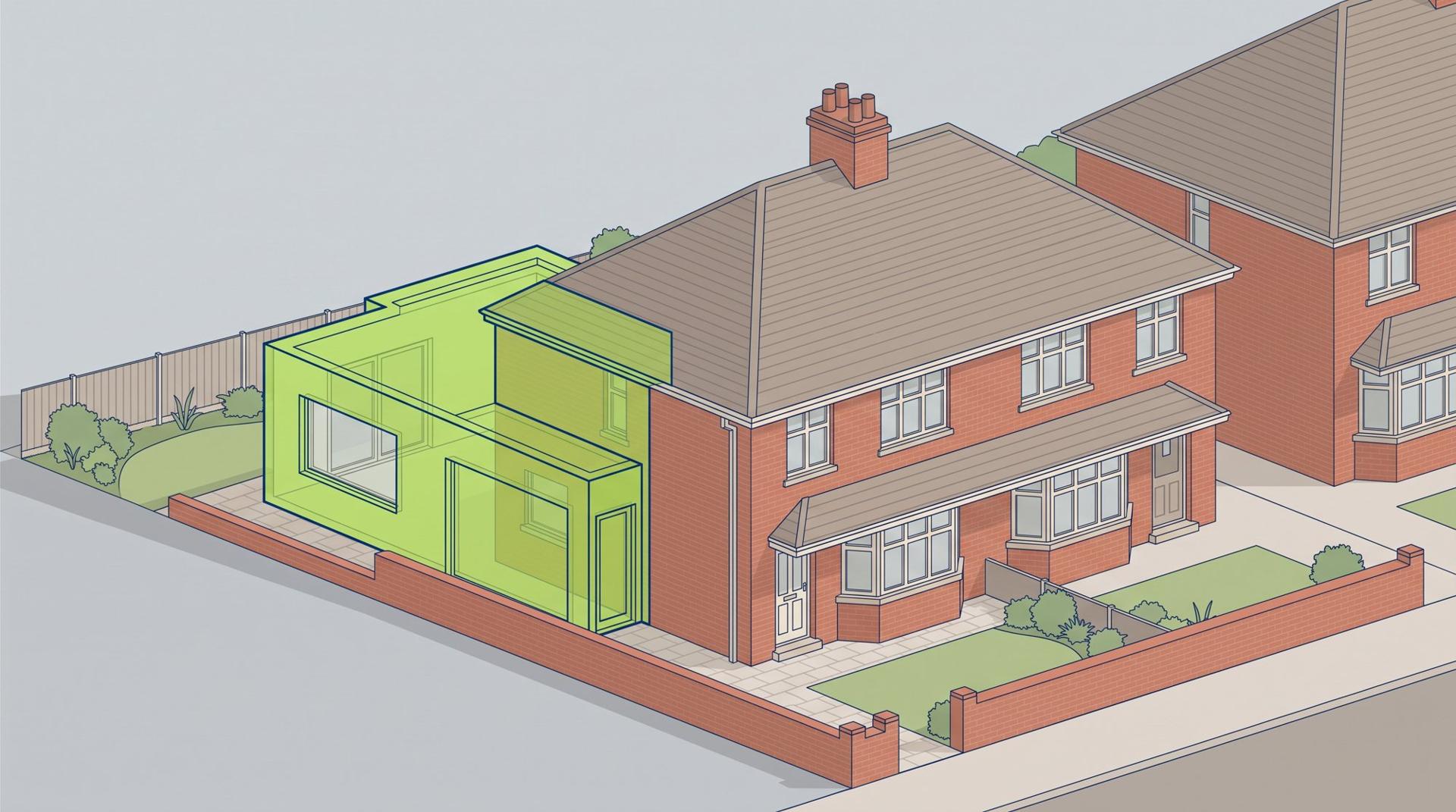 A house with its proposed extension drawn on in green