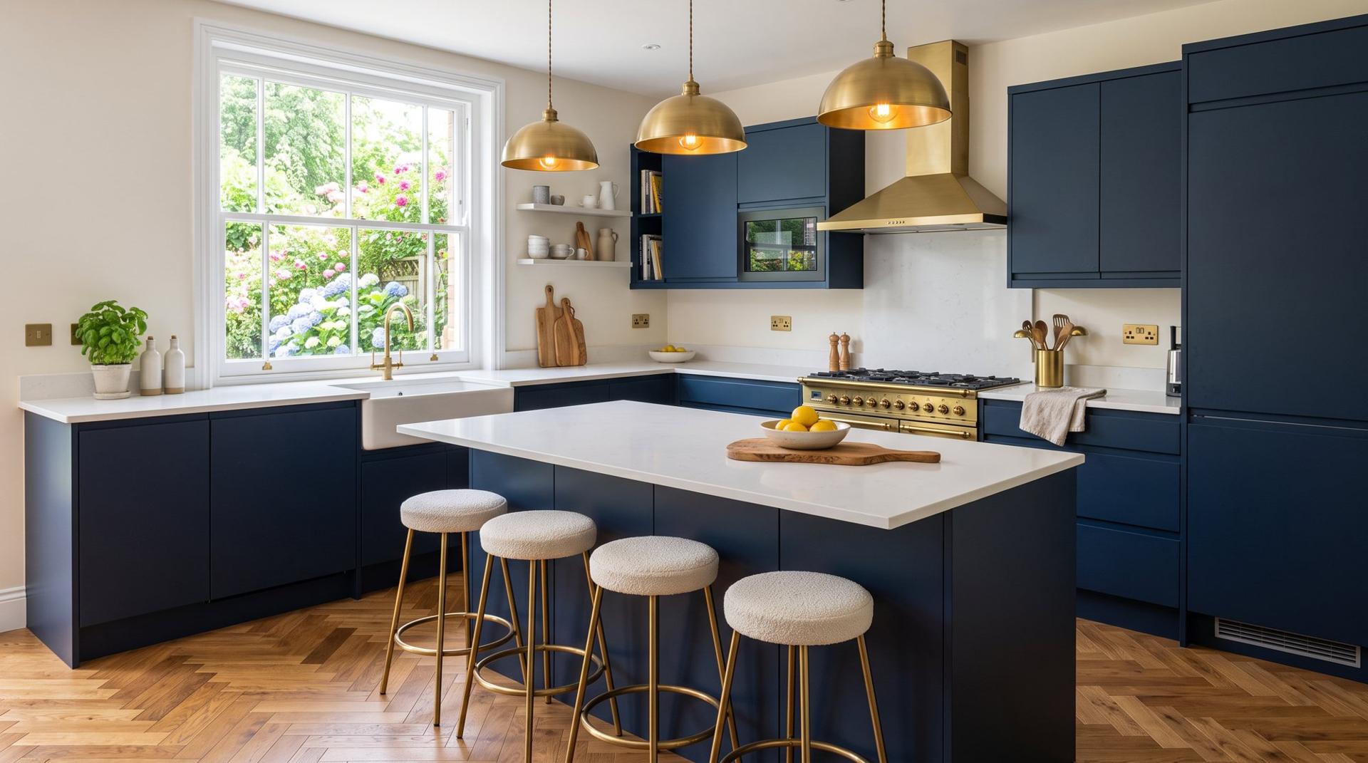A navy shaker kitchen with an island