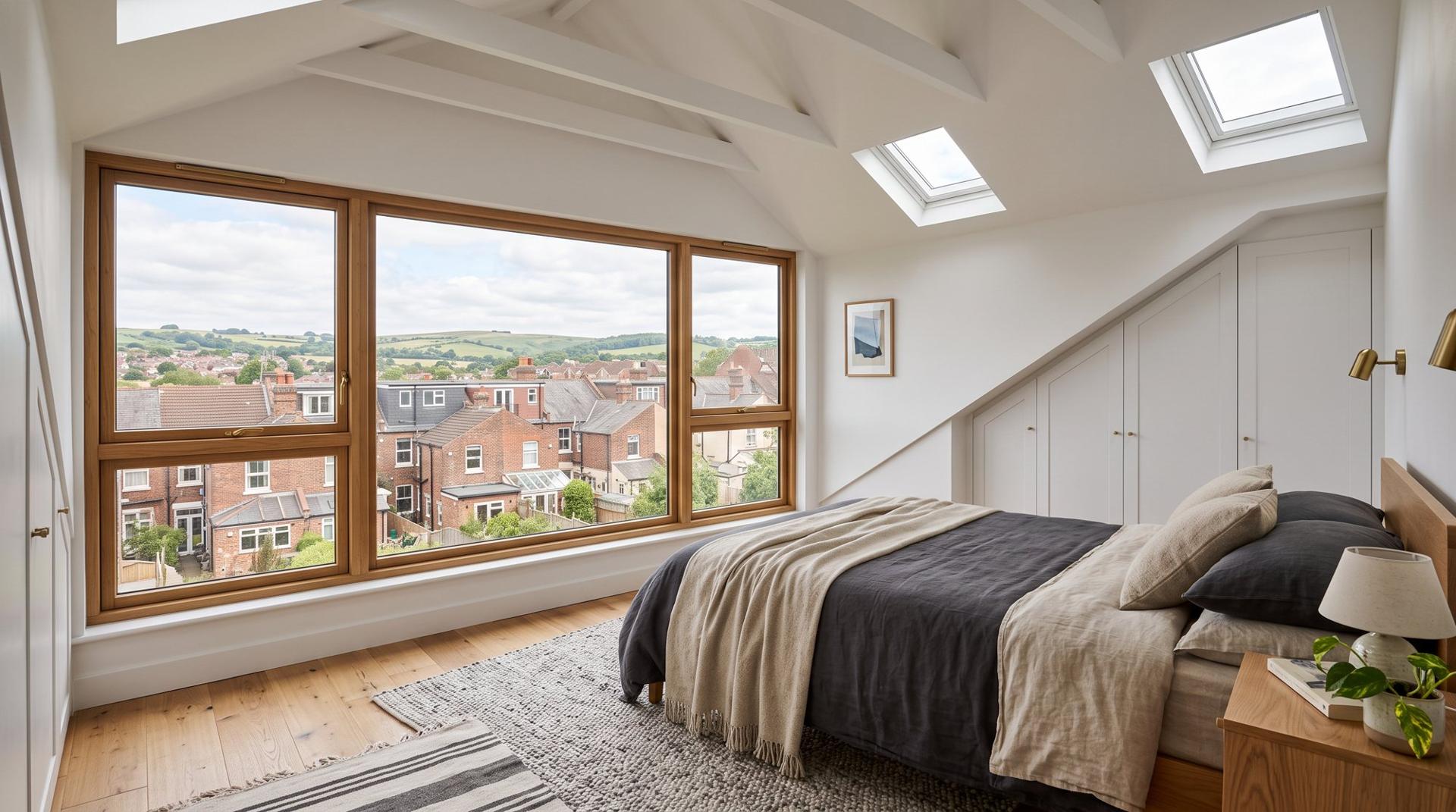 A loft conversion bedroom with a wide dormer window