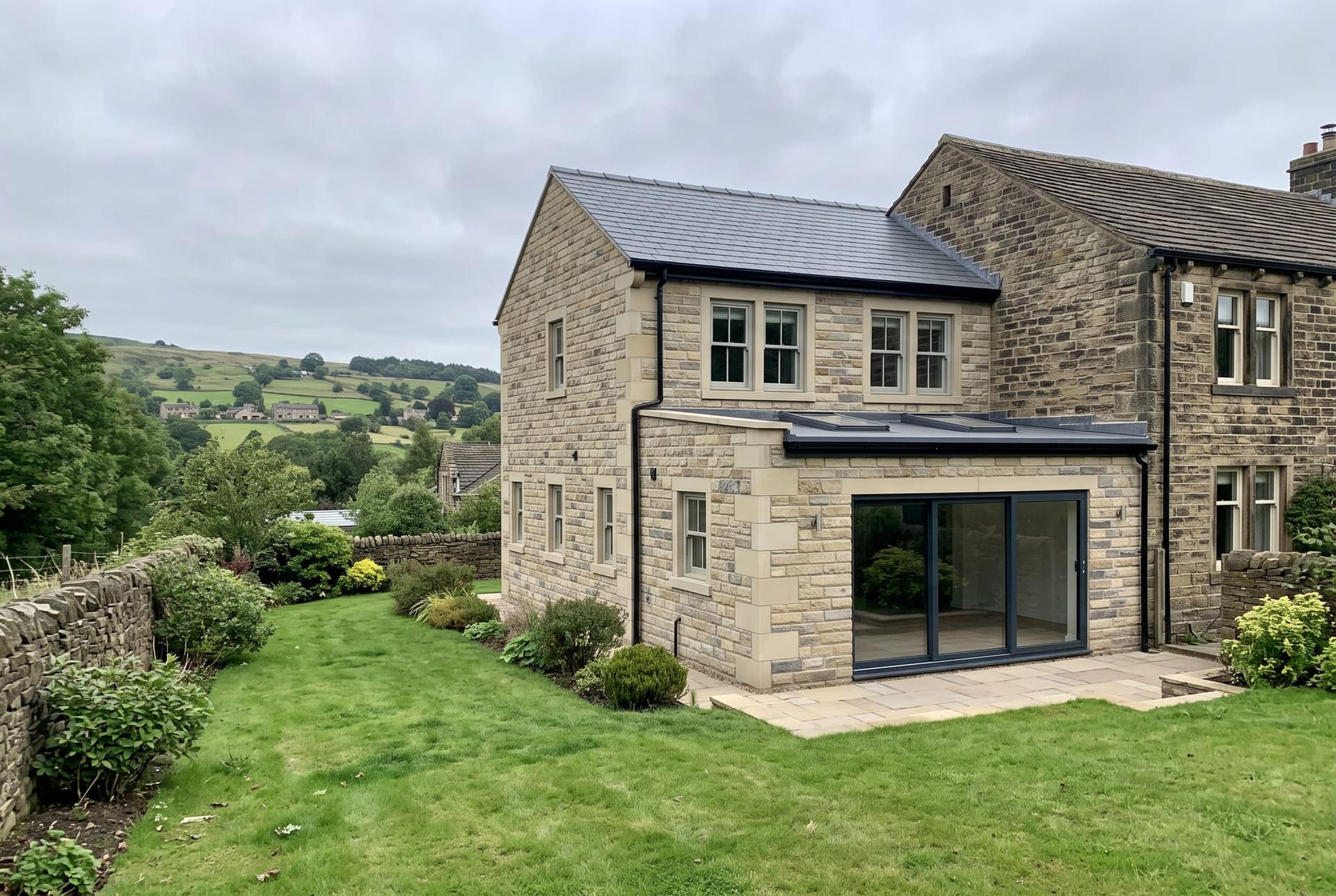 A two storey extension in coursed Yorkshire stone, matched to the original house