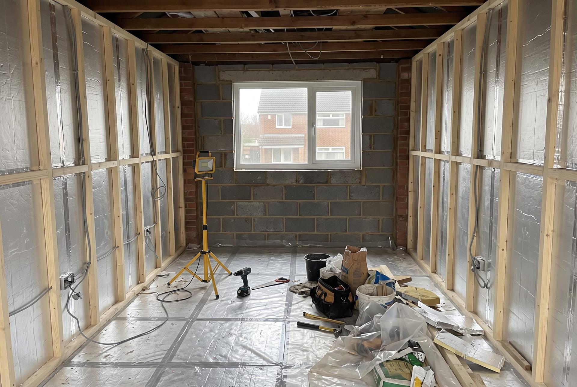 A garage conversion part way through: the front built up around a new window, insulated studwork and a new insulated floor